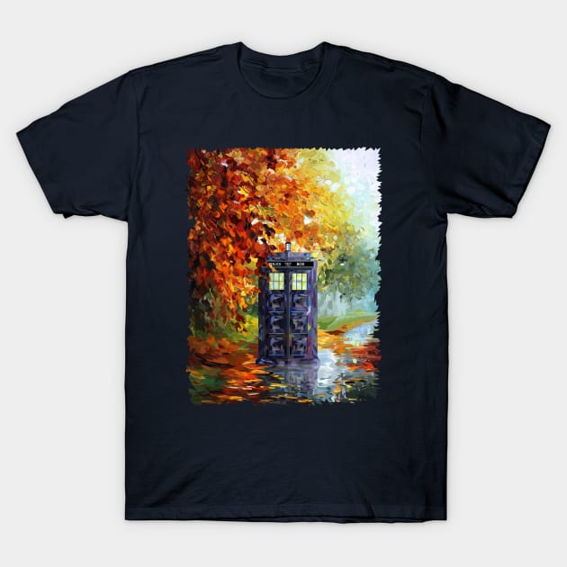 Blue Phone booth at fall zone T-Shirt by Dezigner007